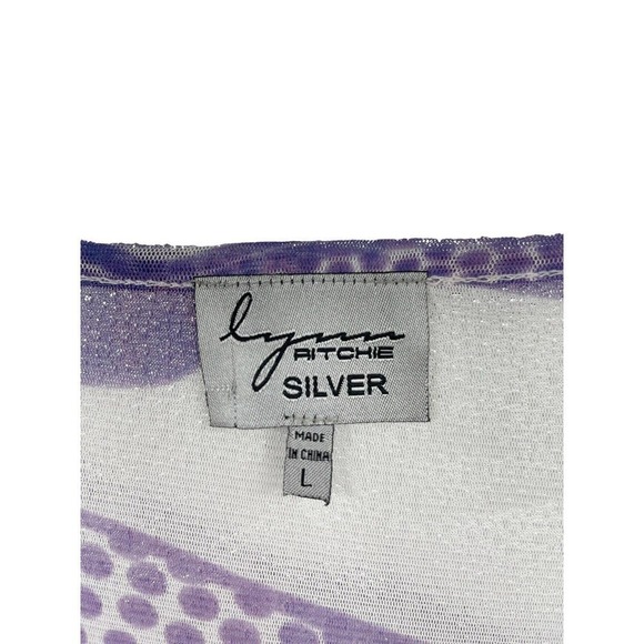 LYNN Ritchie Silver Purple White Shark bite Hem Mesh Sheer Top Womens Large - Picture 2 of 6